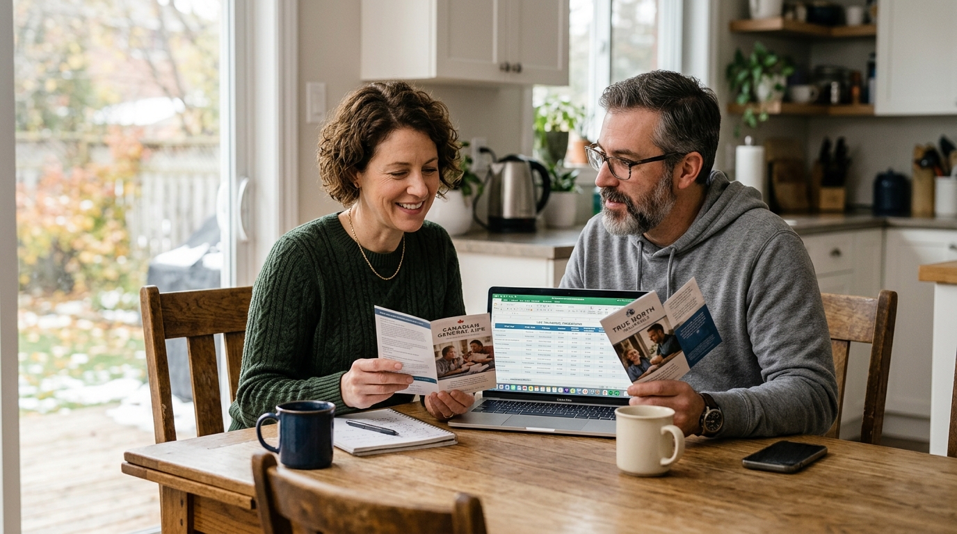 Canadian couple at a kitchen table reviewing term life insurance quotes from multiple carriers