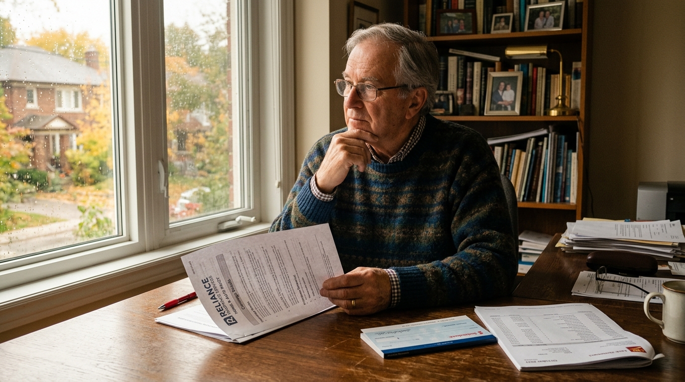 A senior couple reviewing a permanent life insurance policy statement at a kitchen table with a calculator and coffee mug.