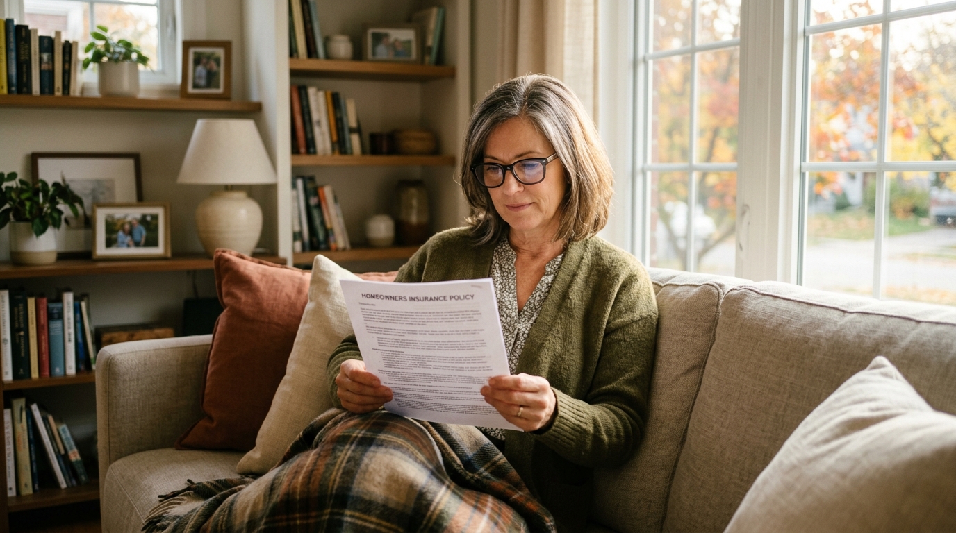 Young Canadian family reviewing insurance paperwork at a kitchen table