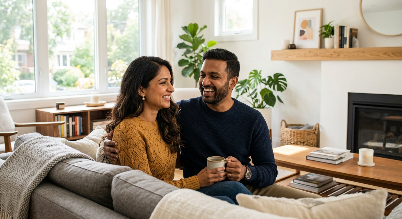 Black Canadian couple in their forties reviewing employee benefits paperwork at their kitchen table