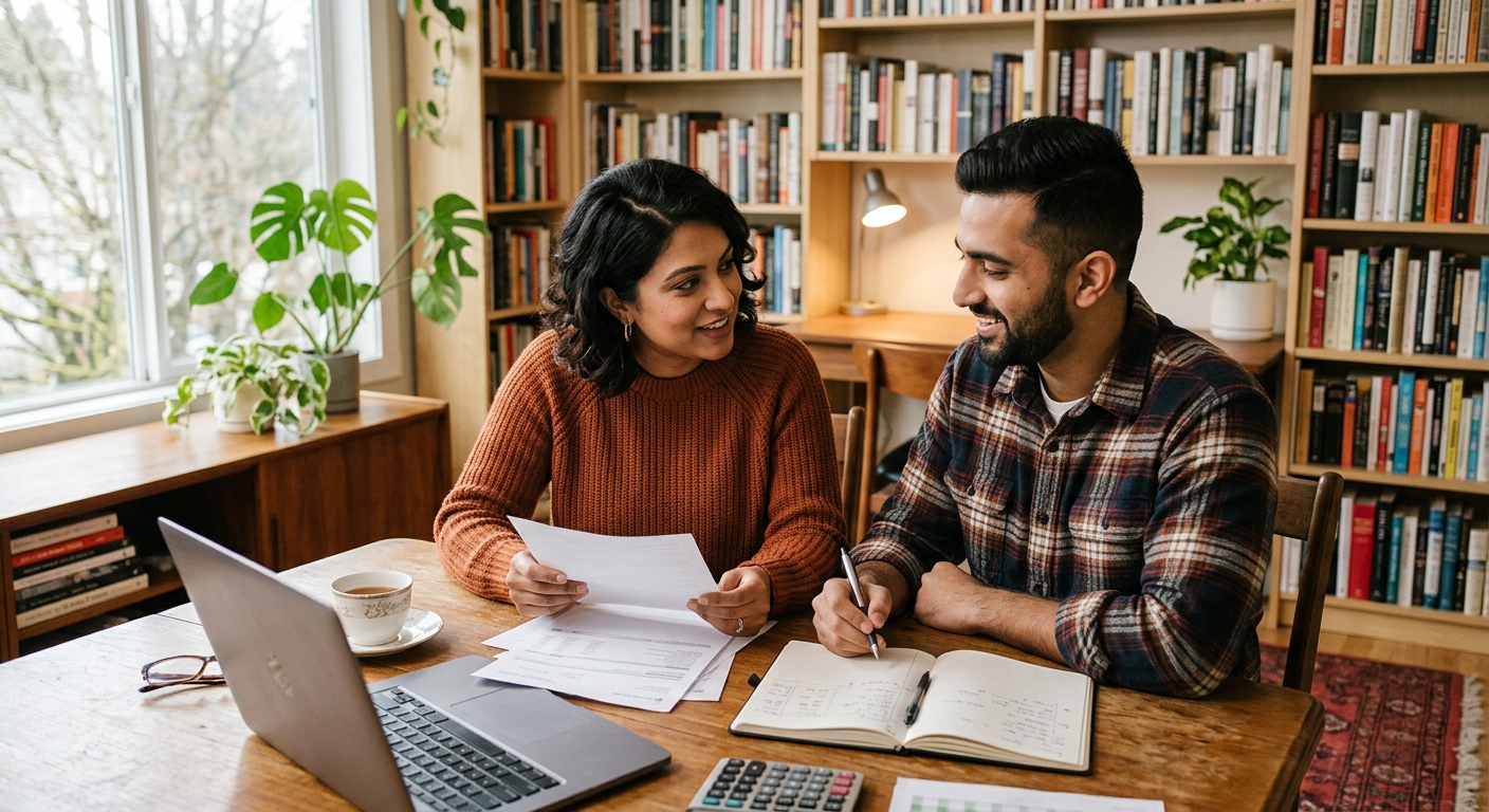 New parents reviewing family budget on laptop with baby at home in Canada