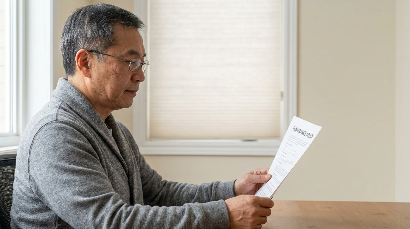 East Asian Canadian man in his early 60s reading a life insurance policy document alone at a home office desk