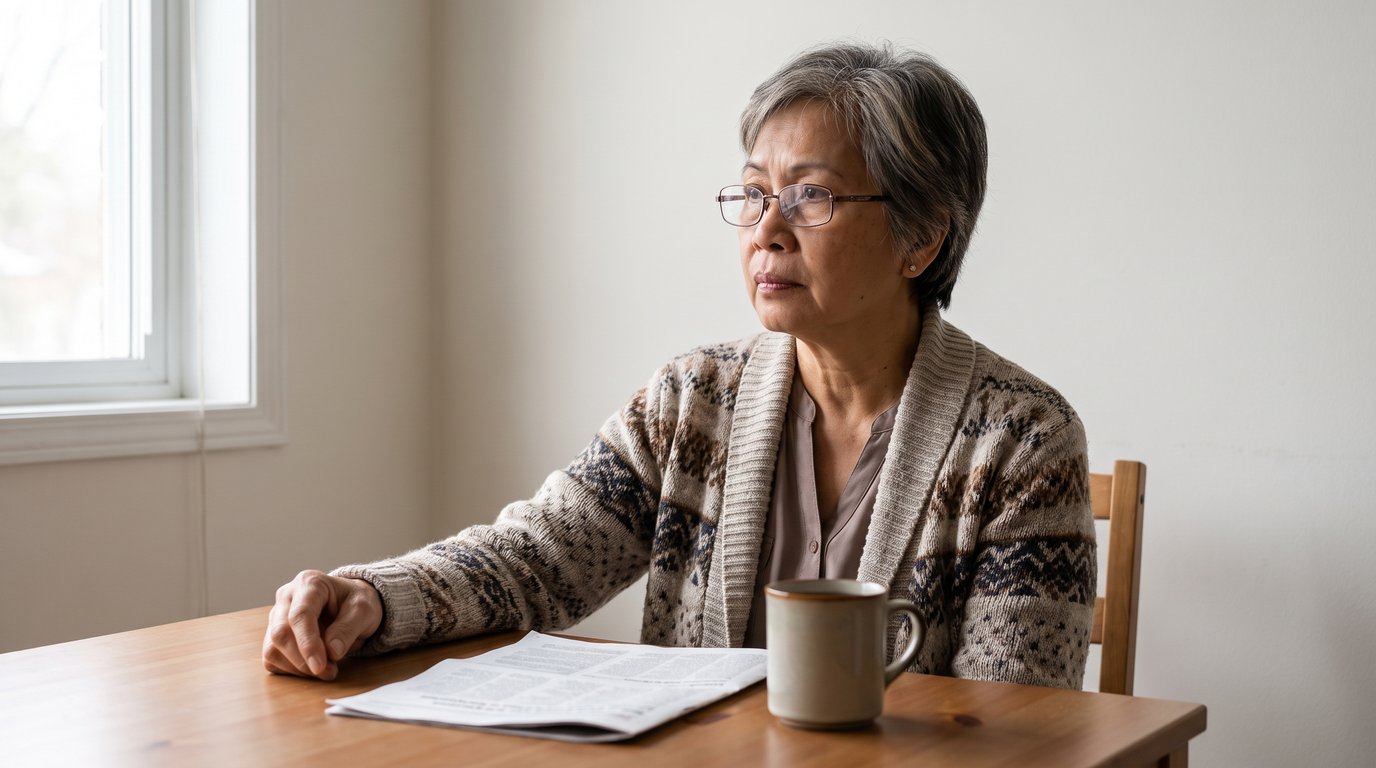 A Canadian woman in her late 60s sits at her kitchen table reading a letter, thinking.