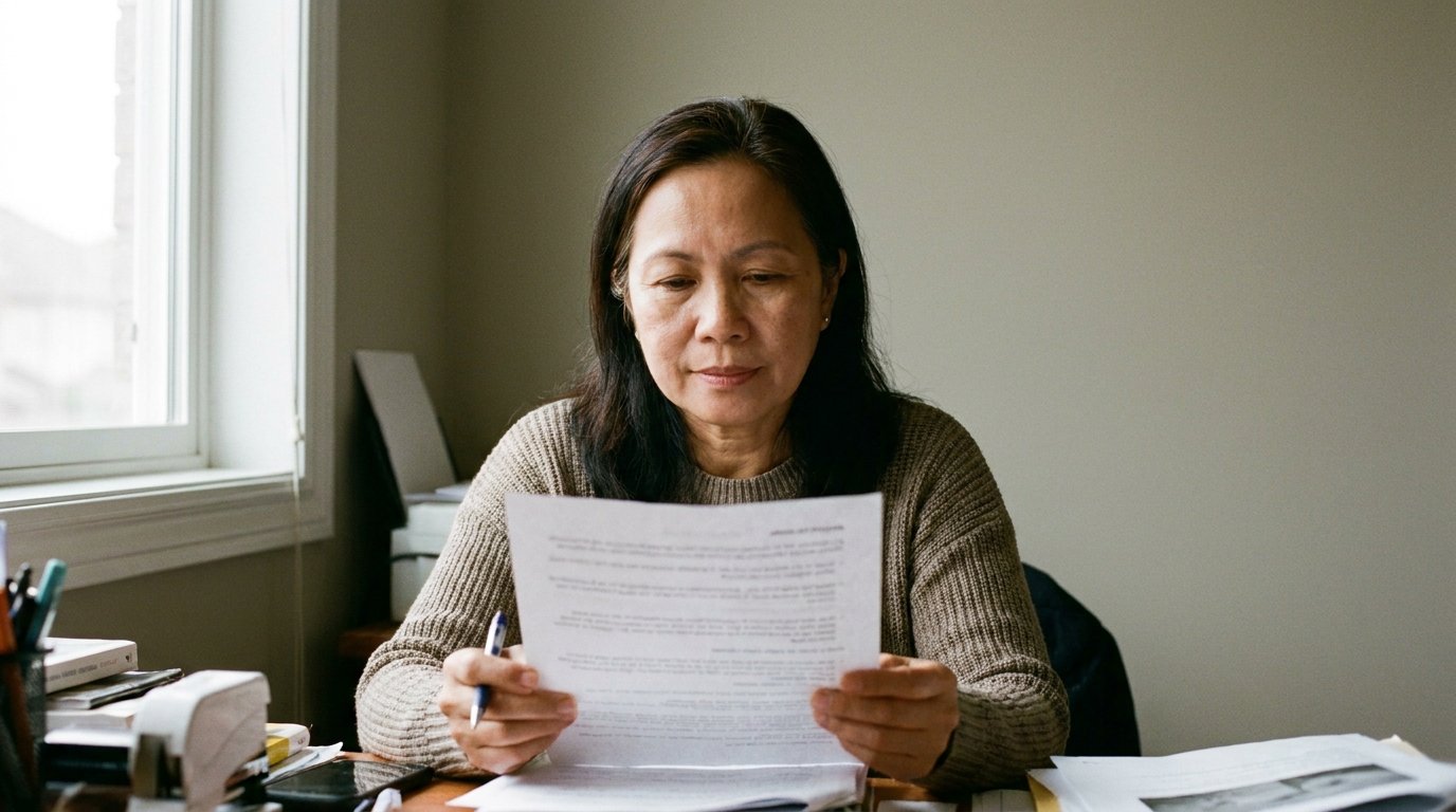 Canadian woman in her mid-50s at a home desk checking a statement for creditor insurance.