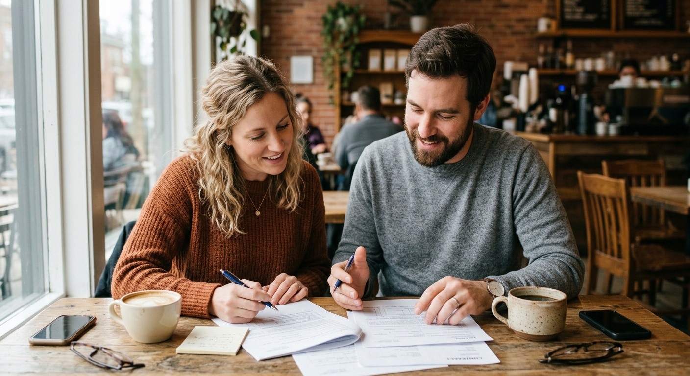 Senior Canadian couple reviewing home sale paperwork and tax documents at their dining table
