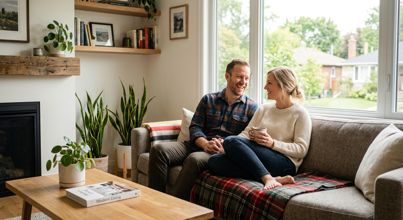 Senior Canadian couple reviewing estate planning documents at a home office desk