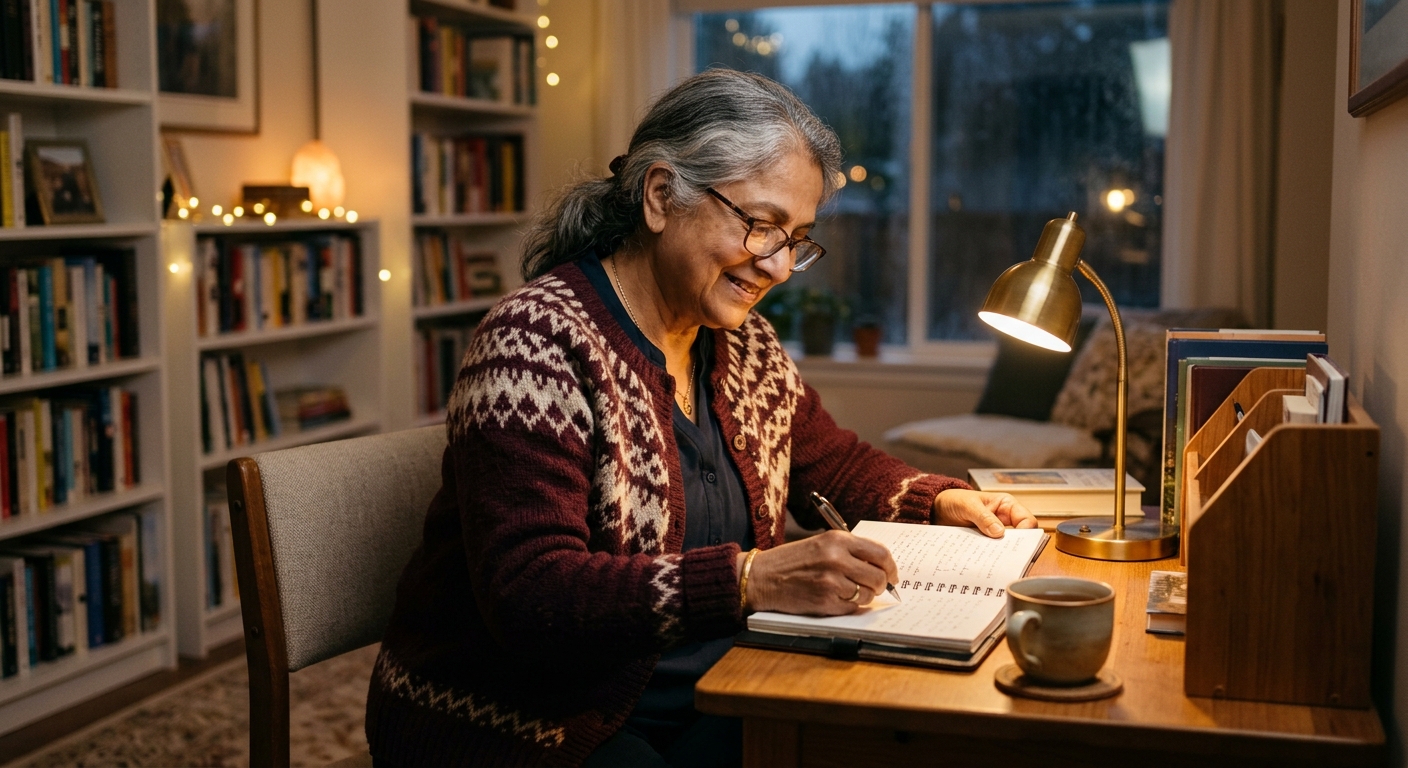 Canadian couple reviewing group and individual insurance paperwork at their kitchen table