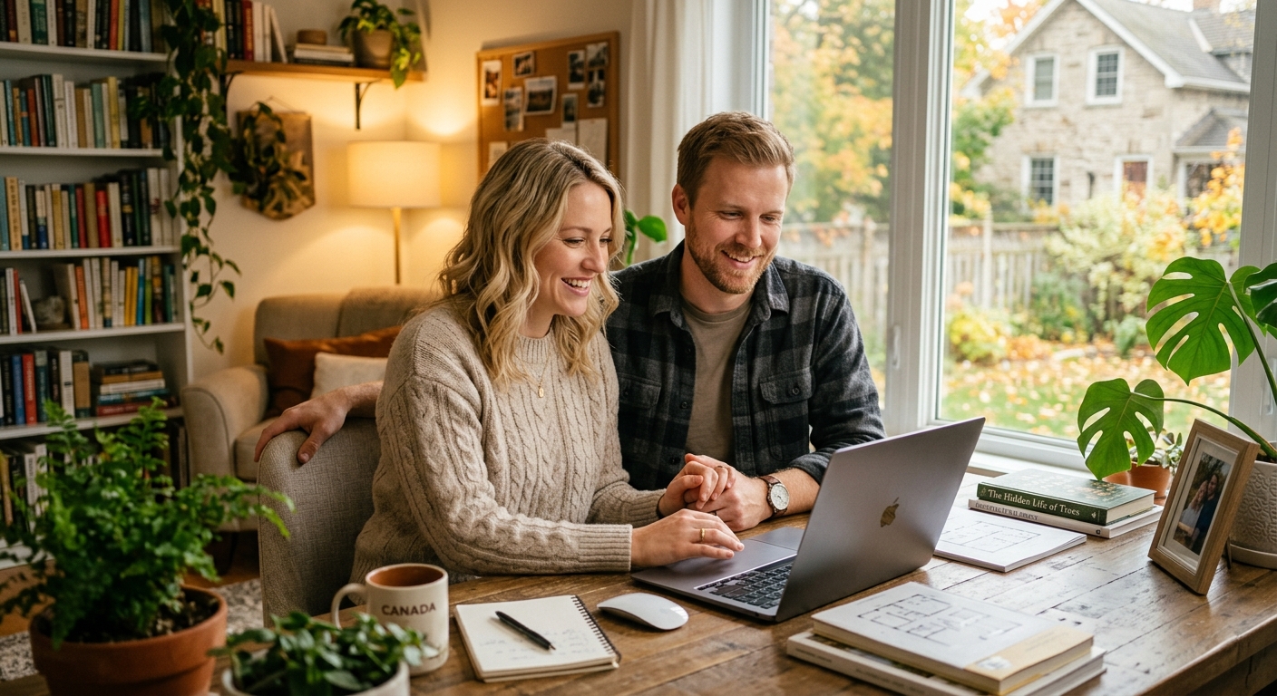 Canadian couple reviewing retirement plans and paperwork at their kitchen table