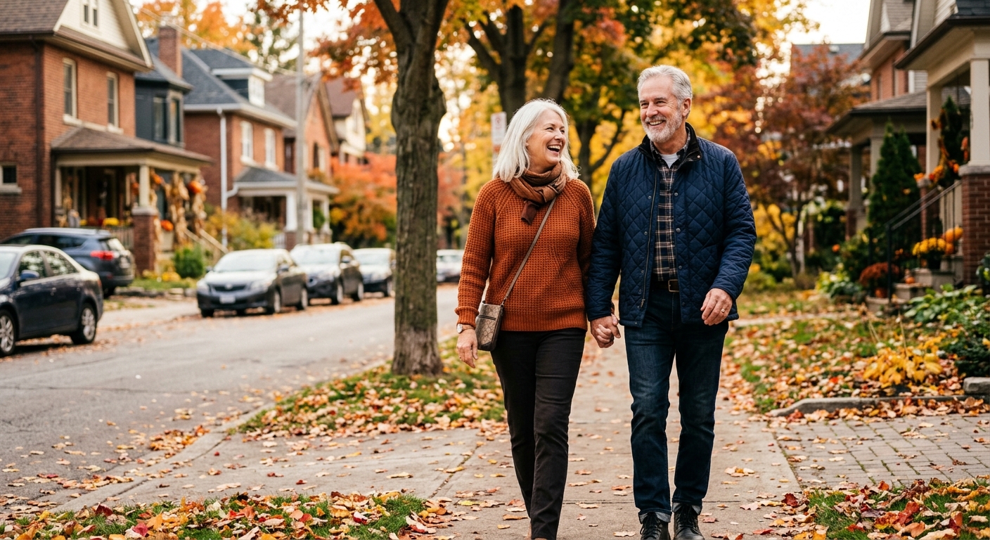 Canadian couple reviewing life insurance beneficiary paperwork at their kitchen table