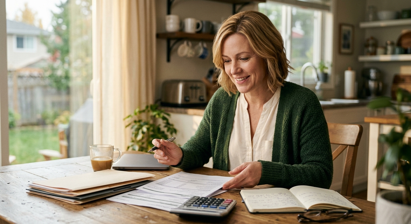 Canadian couple reviewing bank statements and financial paperwork at a kitchen table