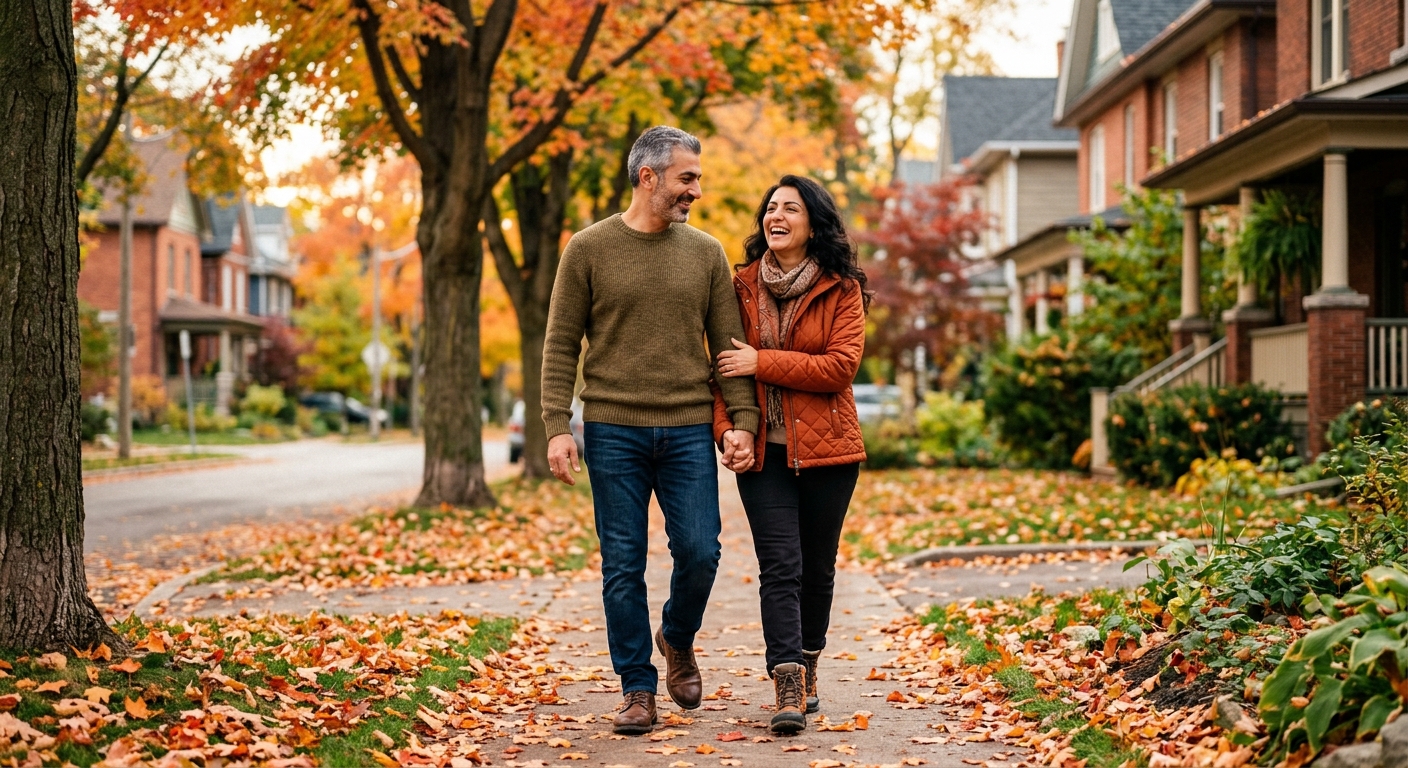 Canadian couple reviewing life insurance policy paperwork at their kitchen table