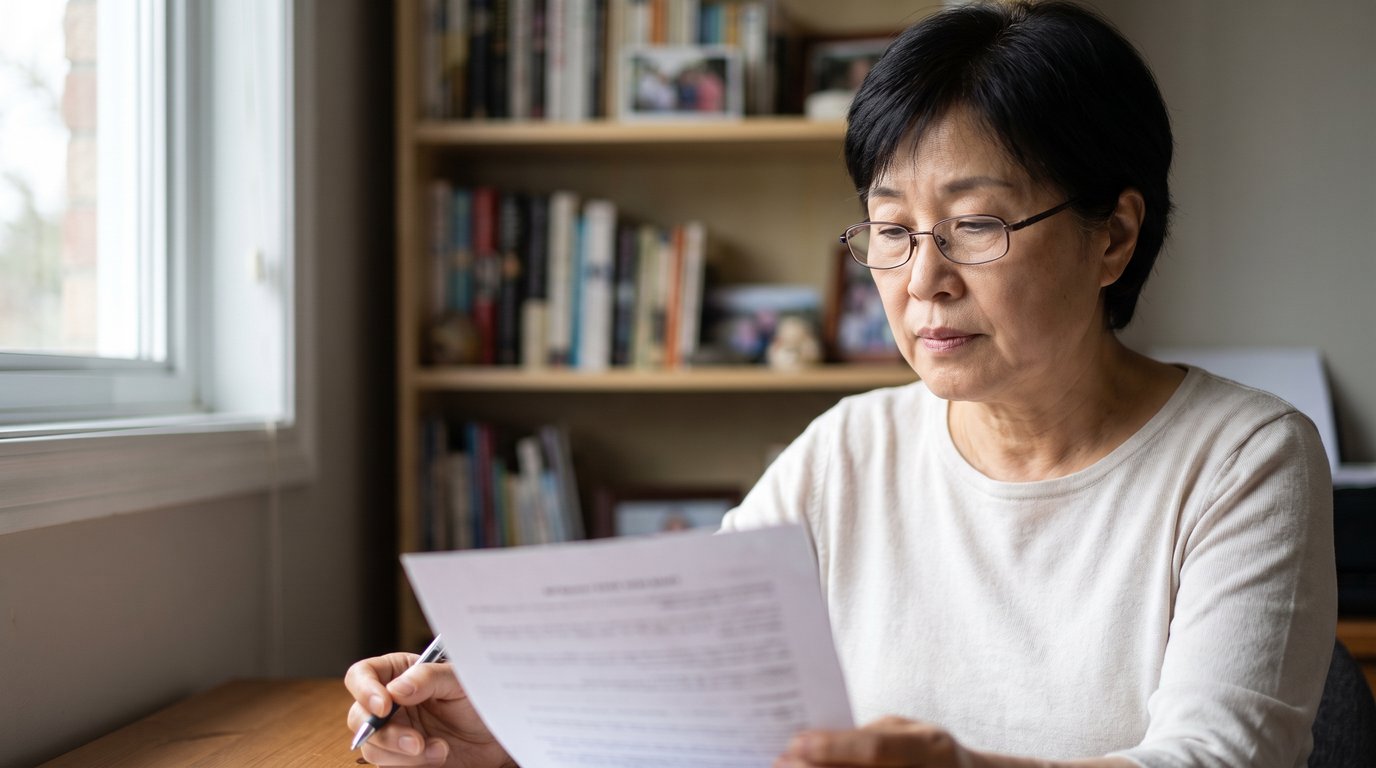 A Canadian woman in her early 60s reviews a printed policy statement at her home desk, pen in hand.