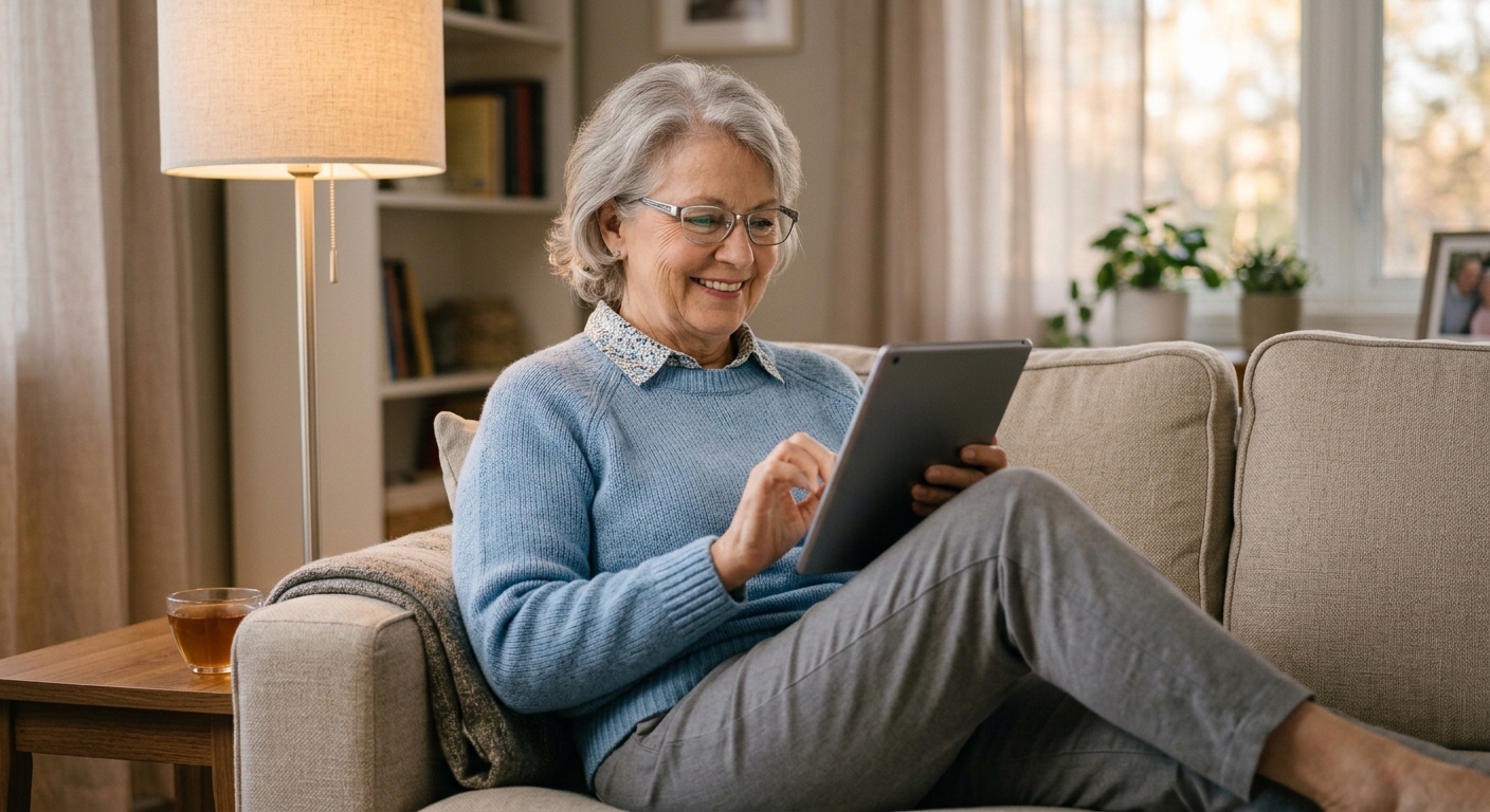Middle-aged Canadian couple reviewing long-term care planning documents at a kitchen table