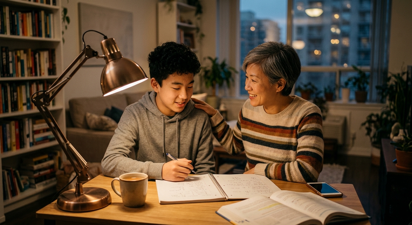 Canadian family at kitchen table reviewing mortgage paperwork together in natural light