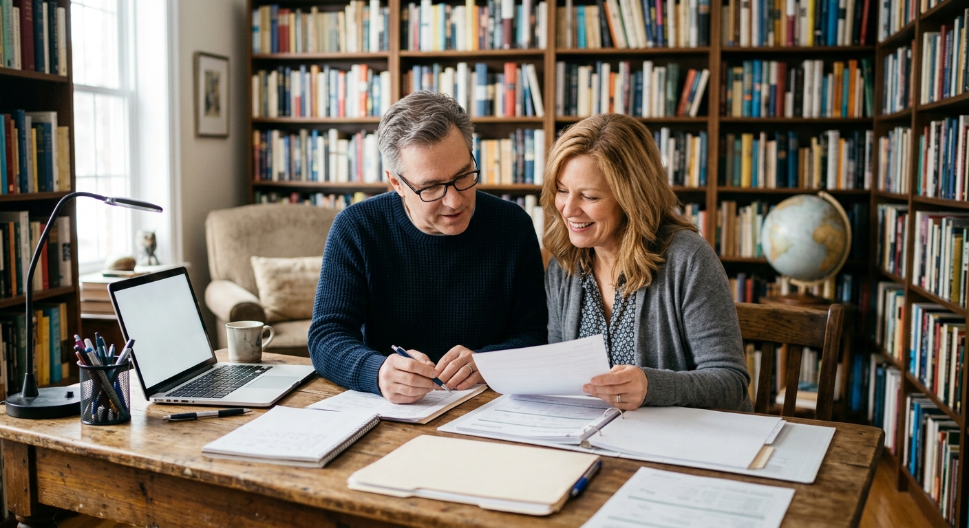 Canadian couple reviewing mortgage and insurance paperwork at their kitchen table
