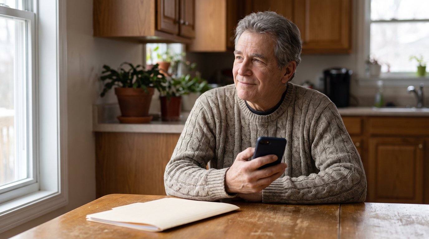 Canadian man in his late 60s at his kitchen table, thinking through naming a non-resident beneficiary