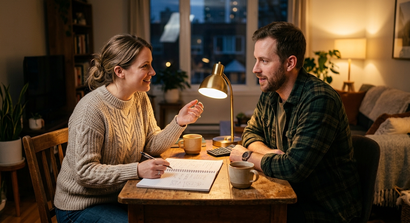 Canadian pet owner reviewing insurance documents with their dog at home