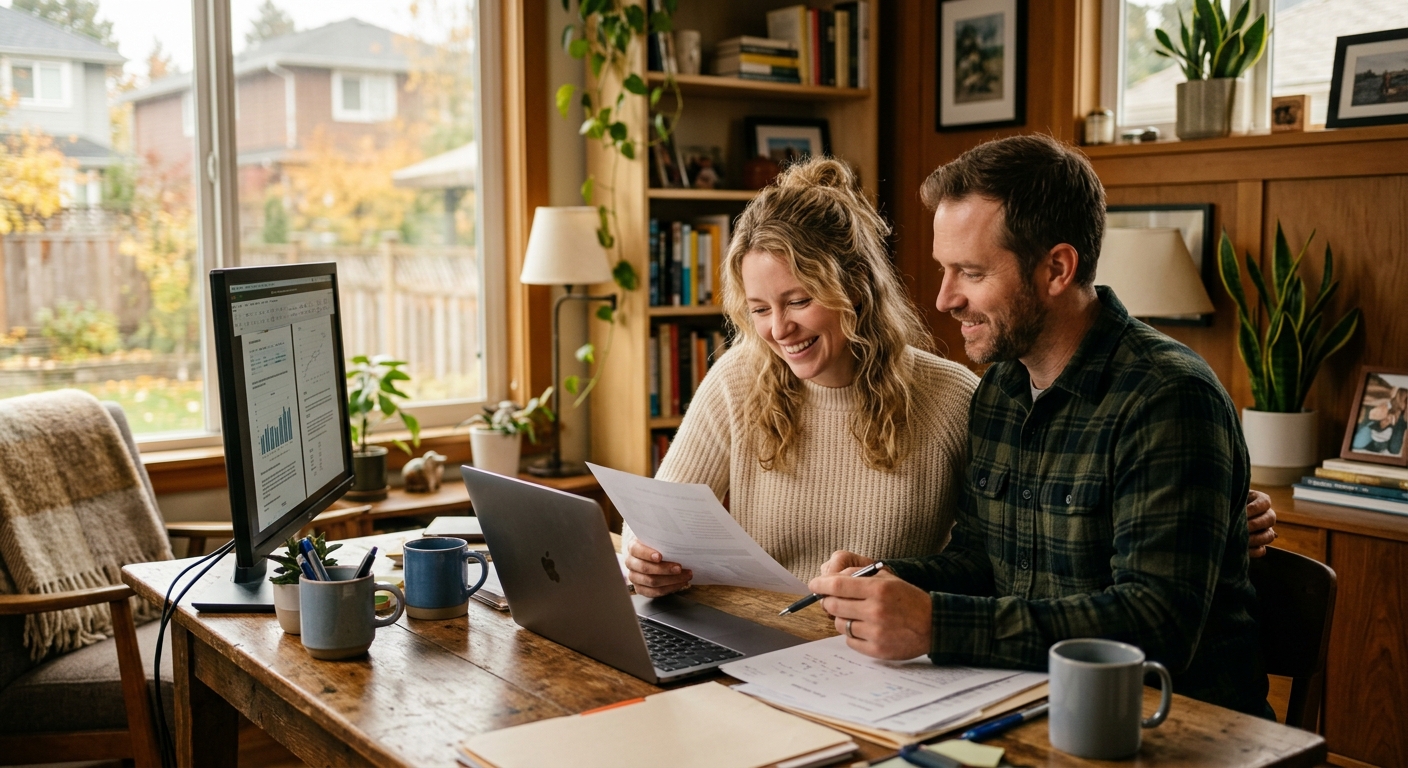 Canadian family reviewing estate planning documents at a dining room table