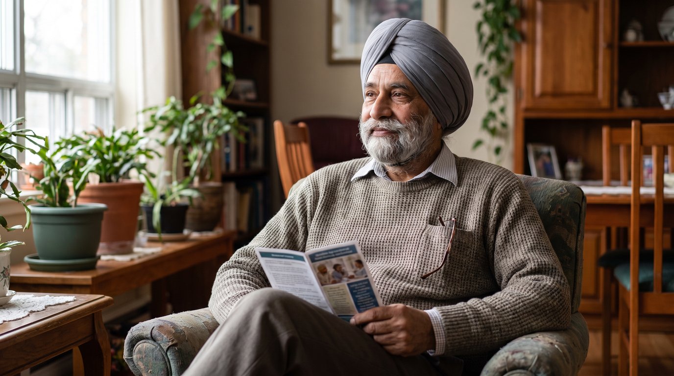A Canadian man in his early 70s sits in an armchair in a bright common room, a brochure resting on his knee.