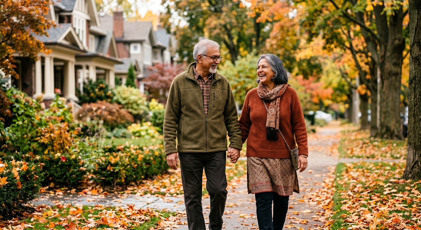 Canadian couple in their late 50s reviewing early retirement planning paperwork at their kitchen table