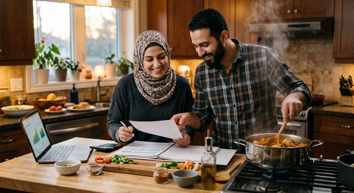 Senior Canadian couple reviewing reverse mortgage paperwork at their kitchen table