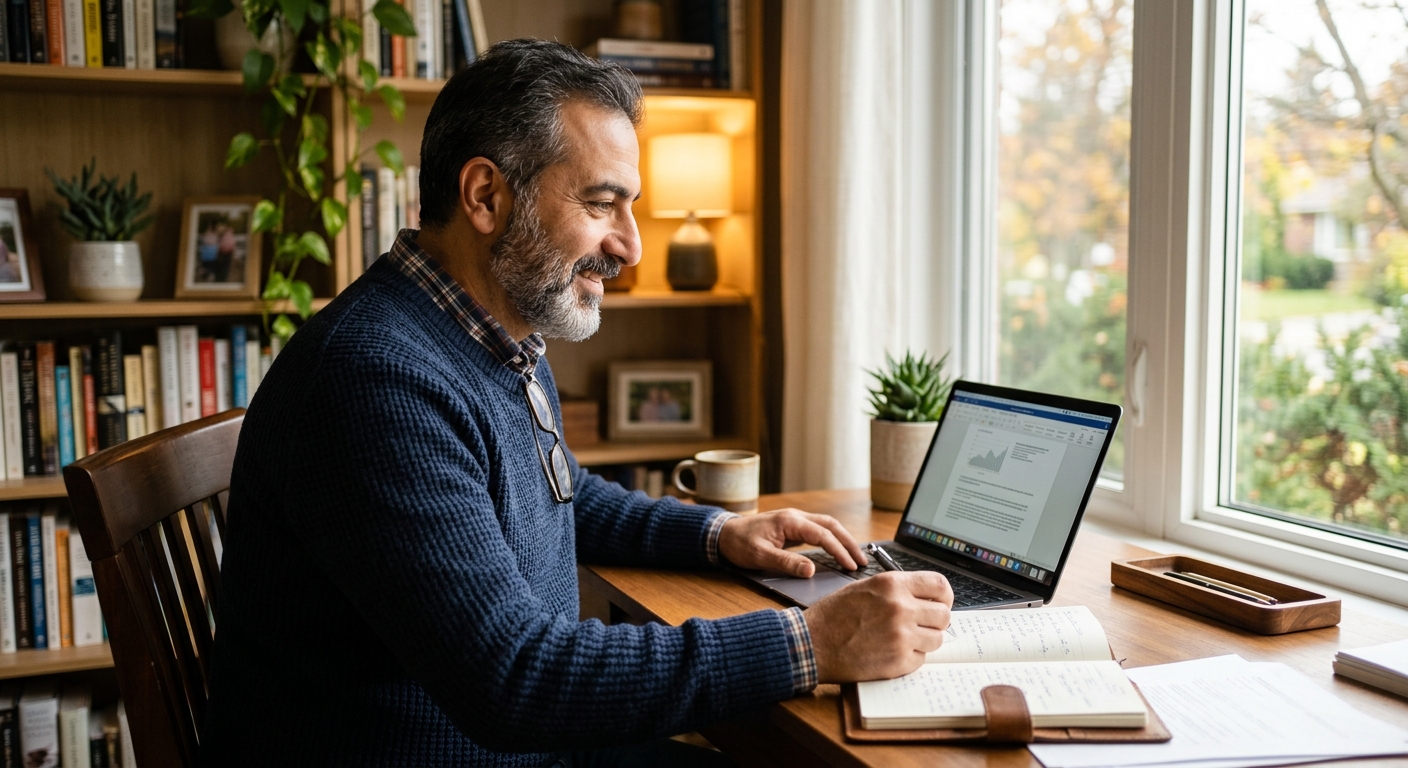Canadian parent and teenager reviewing savings paperwork at a kitchen table