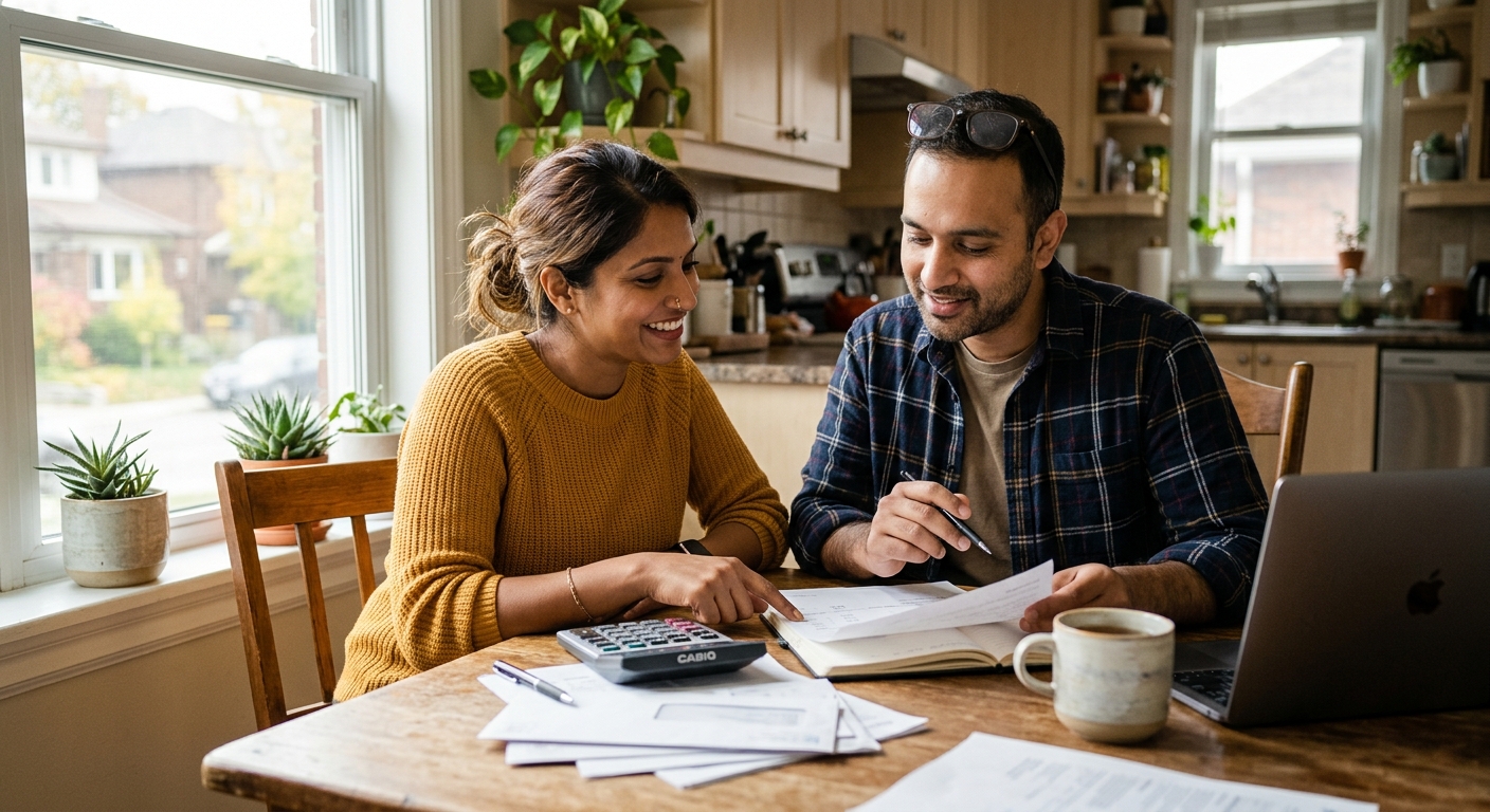 Canadian couple in their early fifties reading an insurance contract together at a dining table