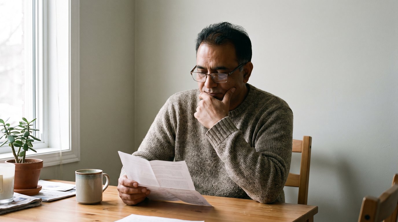 A man in his 50s sits at a kitchen table reviewing a printed mortgage statement.