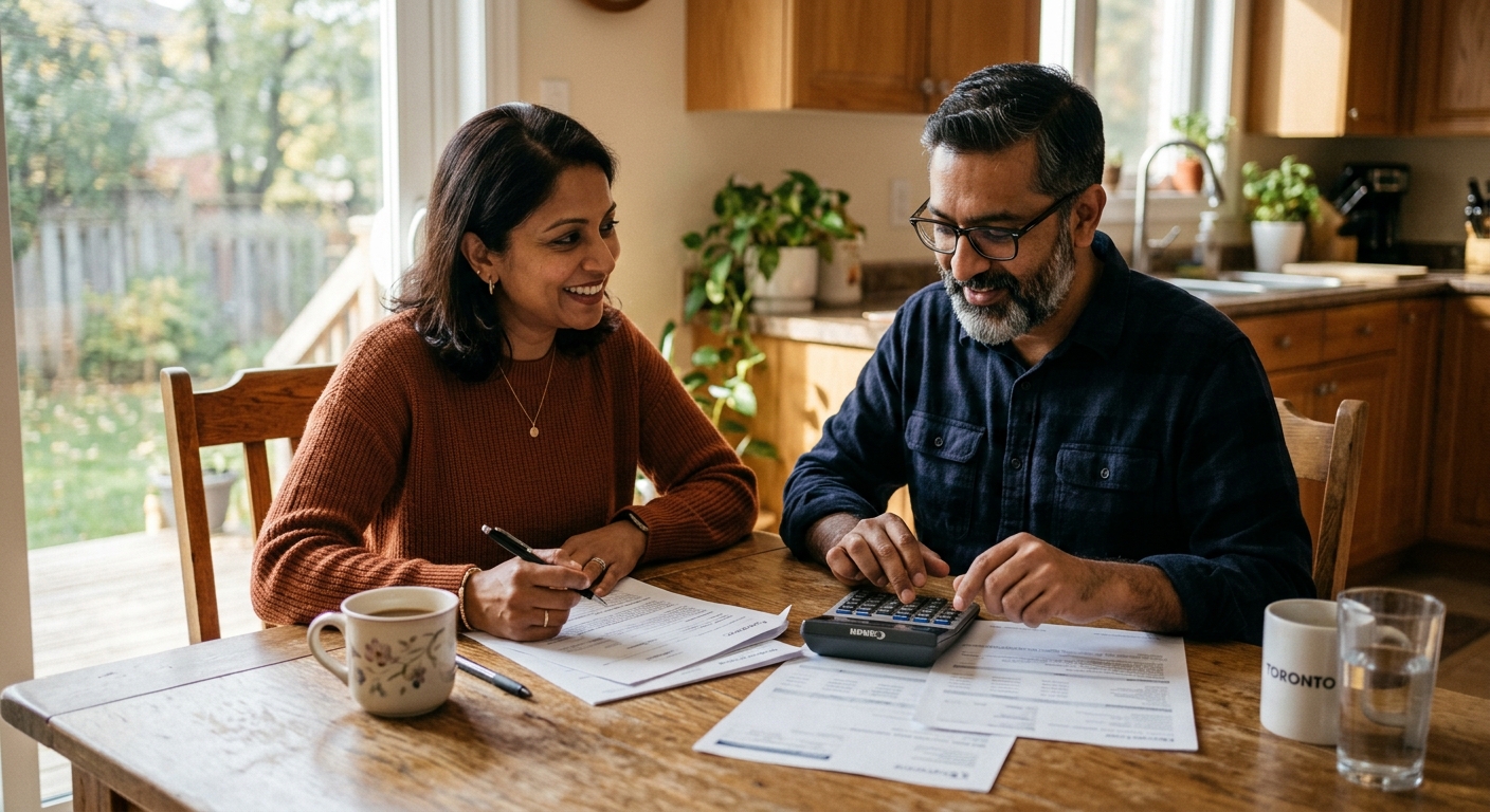 Adult son and daughter reviewing a parent's tax and estate paperwork at a kitchen table